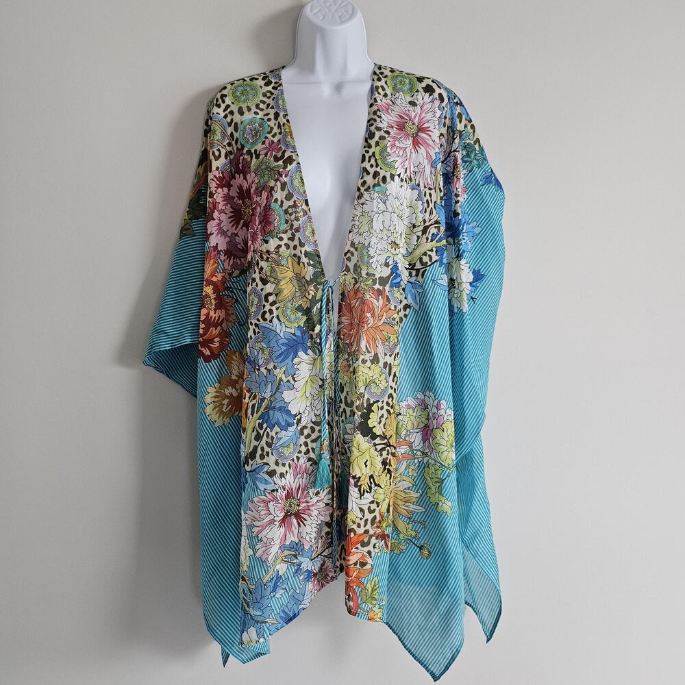 Johnny Was Kimono Womens L/XL Blue Leopard Floral Short Coastal Colorful Layer